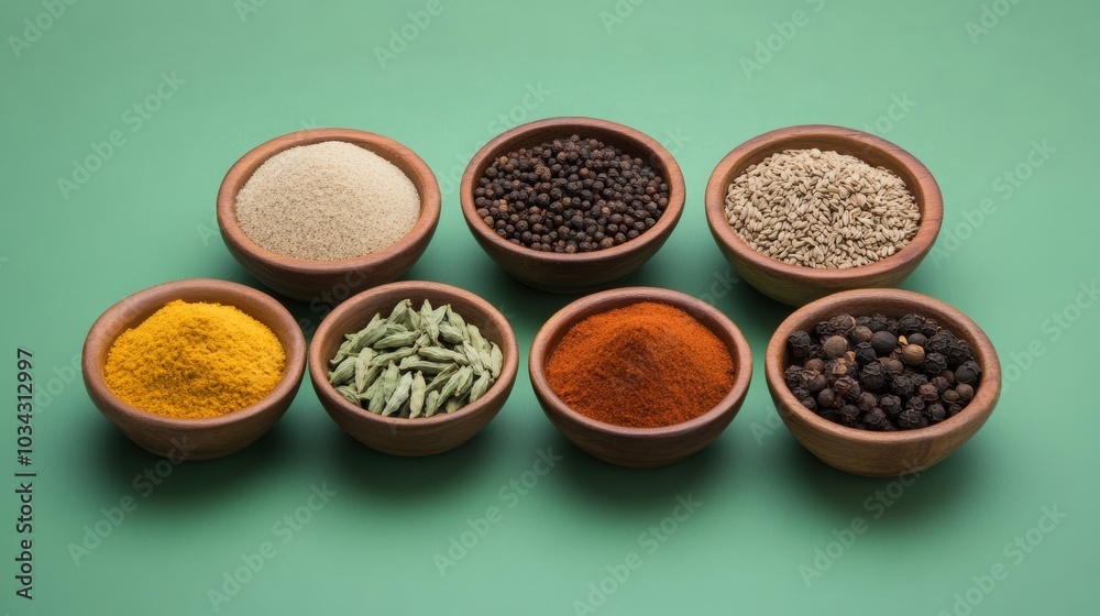 A variety of common Indian spices in bowls against a green backdrop A variety of common Indian spices in bowls against a green backdrop