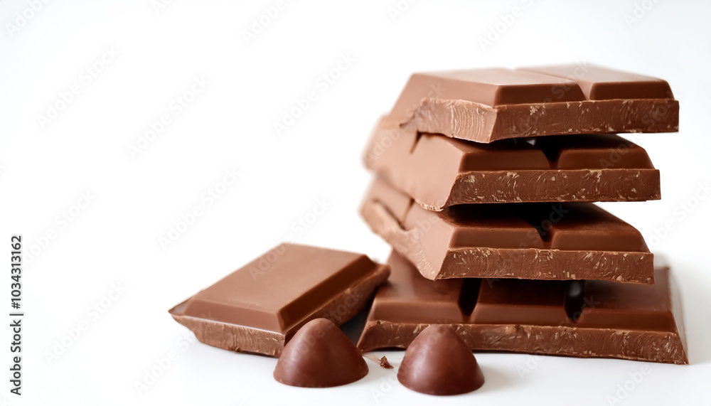 Milk chocolate pieces pattern with side position provides copy space for text. background concept isolated white Milk chocolate pieces pattern with side position provides copy space for text. background concept isolated white