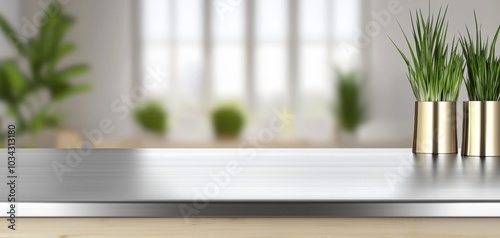 Stainless steel counter with a blurred kitchen background  focusing on clean design and minimalist cooking space  modern culinary environment
