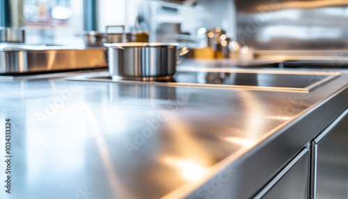 Stainless steel countertop in a clean, modern kitchen with wooden accents and blurred background, emphasizing simplicity and culinary preparation