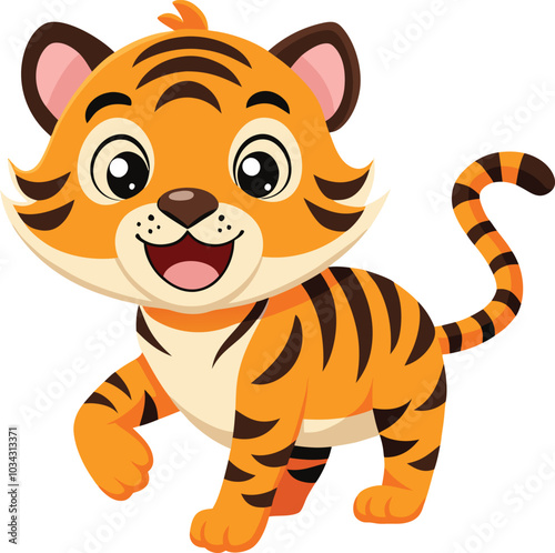 Cute Tiger Cub: A cheerful cartoon tiger cub with bright eyes, a happy smile, and orange and black stripes. This adorable illustration is perfect for children's books, educational materials.
