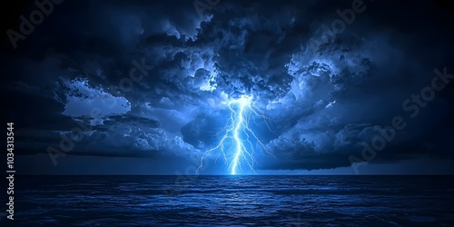 A powerful bolt of lightning strikes the ocean, illuminating the dark, stormy sky.