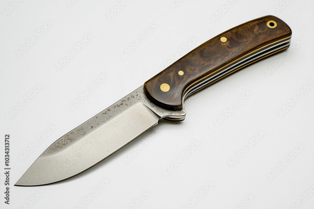 Handmade folding knife with wooden handle and intricate blade design
