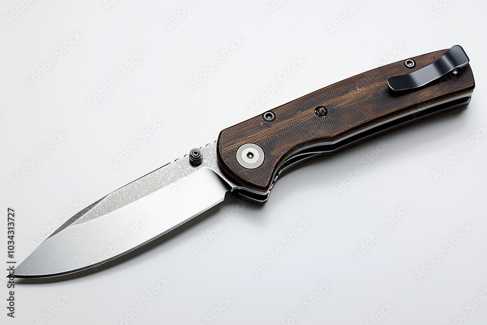 Stylish pocket knife with wooden handle showcased on a white surface Stylish pocket knife with wooden handle showcased on a white surface