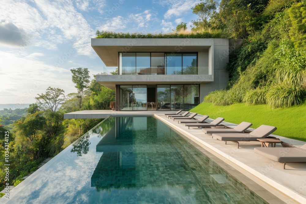 Fototapeta premium Luxury Modern Minimalist Villa with Infinity Pool Overlooking Scenic Lush Green Hillside