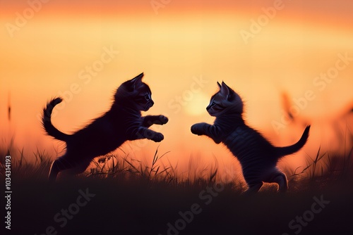 Silhouette of a playful cat and dog together at sunset background, showcasing their joyful interaction and friendship, perfect for pet lovers and animal enthusiasts, new beautiful stock image i photo