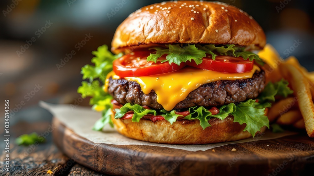 Mouth-Watering Gourmet Burger with Cheddar, Brioche Bun, Lettuce, and Tomato in Closeup Mouth-Watering Gourmet Burger with Cheddar, Brioche Bun, Lettuce, and Tomato in Closeup