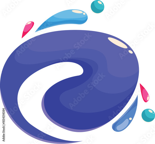 Abstract blue shape with a swirling design and colorful droplets, suggesting splashing liquid