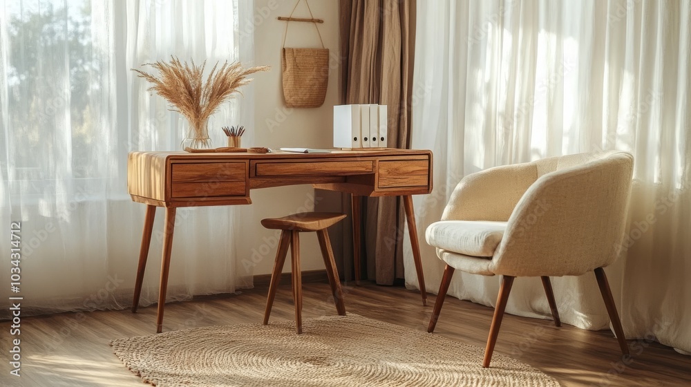 Bohemian-style home office with a stylish desk, armchair, and dried flowers, offering ample space for notes - Bohemian-style home office with a stylish desk, armchair, and dried flowers, offering ample space for notes -