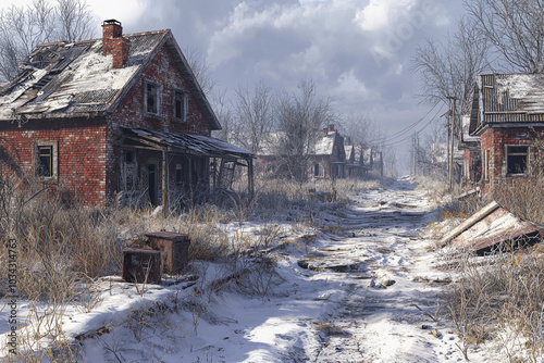 Abandoned houses in a snowy village under cloudy skies photo