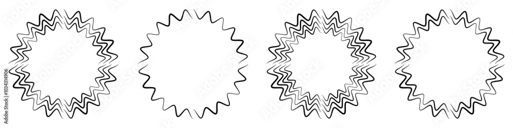 Abstract geometric design in circle shape with spiral lines. Radial rotating shape. Set of four geometric starburst circular shape design element.