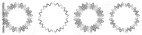 Abstract geometric design in circle shape with spiral lines. Radial rotating shape. Set of four geometric starburst circular shape design element.