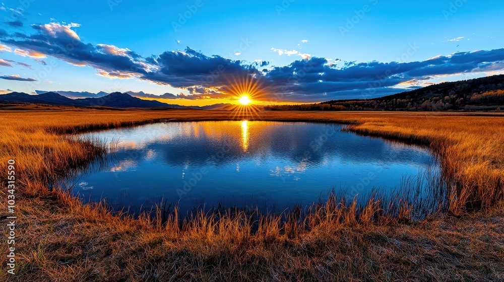 Fototapeta premium A photostock images of a serene landscape with the sun setting over a lake, creating reflections on the water, with a clean white background. High Quality