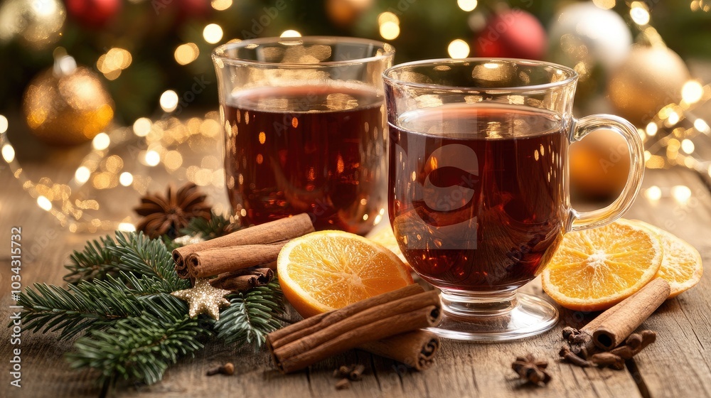 Two glass mugs filled with a warm spiced drink sit next to orange slices and cinnamon sticks, surrounded by glowing candles and festive greenery, creating a cozy atmosphere Two glass mugs filled with a warm spiced drink sit next to orange slices and cinnamon sticks, surrounded by glowing candles and festive greenery, creating a cozy atmosphere