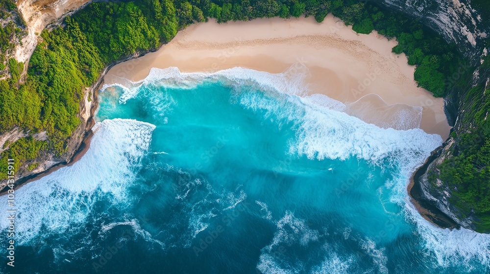 Fototapeta premium A stunning aerial shot of the turquoise waves gently crashing onto the soft sands of Kelingking Beach, Nusa Penida, Bali. The vibrant colors highlight the serenity and beauty of this tropical paradise