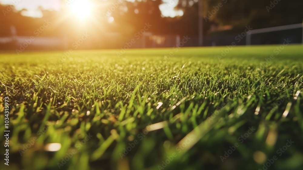 Close-up of freshly mowed soccer field grass under golden sunlight, emphasizing the meticulous preparation for a game. Close-up of freshly mowed soccer field grass under golden sunlight, emphasizing the meticulous preparation for a game.