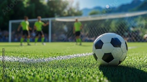 Close-up of a soccer ball resting on the penalty spot, with the goalie and players strategizing in the background before a crucial kick that could decide the game, focusing on pressure. photo