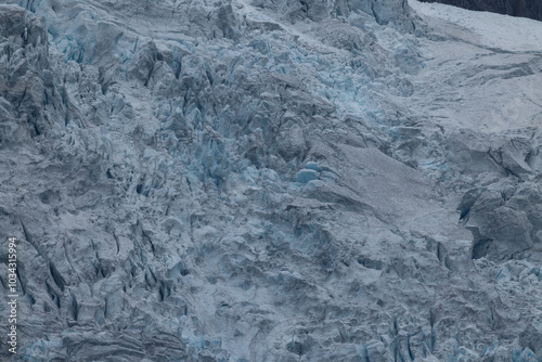 Aerial close-up of a section of the icy patterns of a glacial mass in norwegian national park. Mountains and glaciers make up the stunning landscape that can only be fully appreciated from the air photo