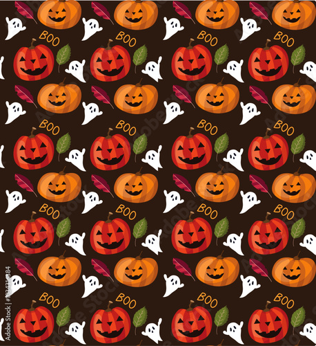 Vector Seamless Autumn Halloween Pattern with Leaves, Forest Elements, Mushrooms, Pumpkins and Branches. Seasonal Background.