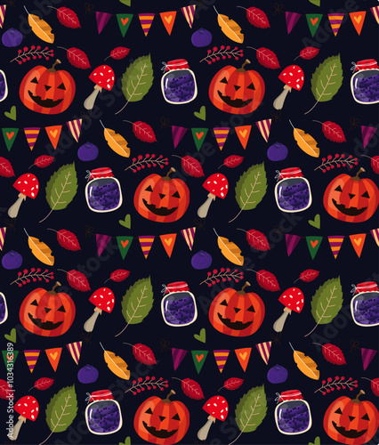 Vector Seamless Halloween Autumn Pattern with Leaves, Forest Elements, Mushrooms, Pumpkins and Branches. Seasonal Background.