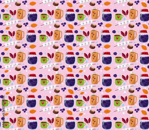 Vector Seamless Autumn Pattern with Leaves, Forest Elements, Mushrooms, Pumpkins and Branches. Seasonal Background.