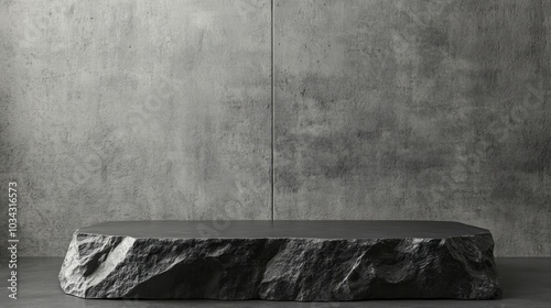 Dark stone podium for displaying products against a gray concrete background. --