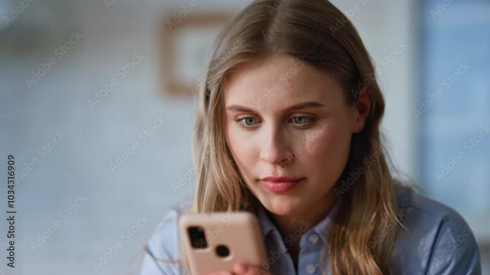 Home lady reading sms at mobile phone having weekend breakfast kitchen closeup Home lady reading sms at mobile phone having weekend breakfast kitchen closeup