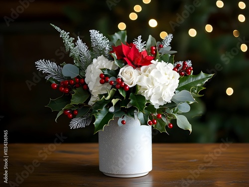 A white vase with red berries and white flowers