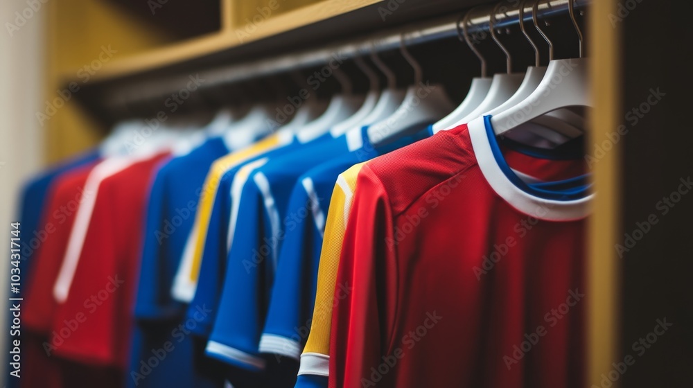 Obraz premium Close-up of soccer jerseys hanging in a locker room, symbolizing the unity and camaraderie among team members.
