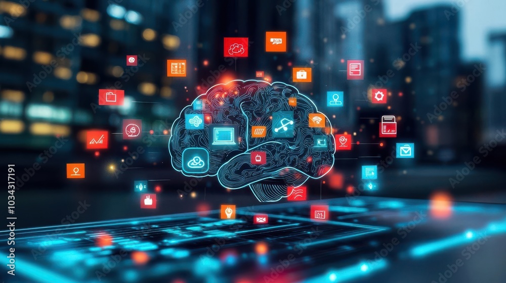 Transport yourself to an imaginative realm where brain cutouts harmonize with marketing icons in an ethereal glow Transport yourself to an imaginative realm where brain cutouts harmonize with marketing icons in an ethereal glow