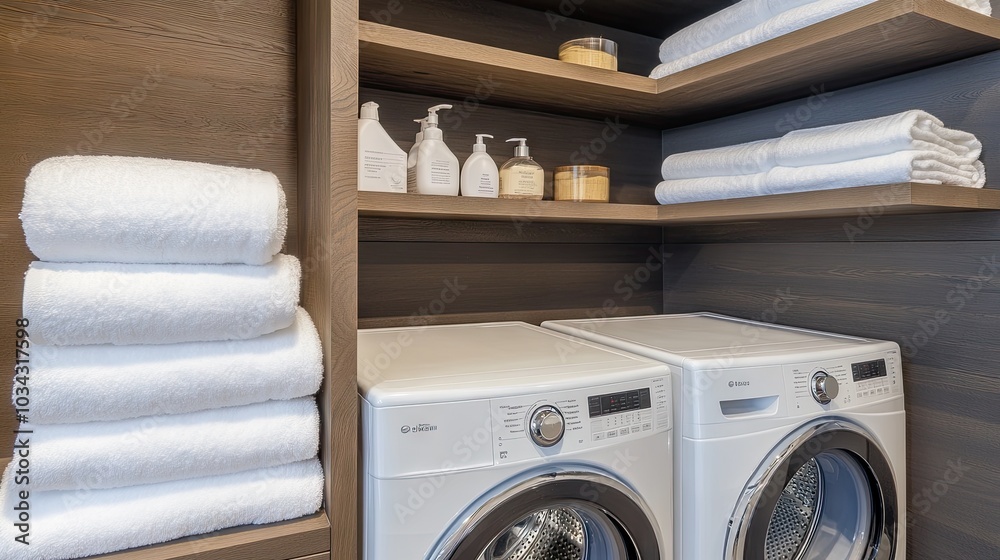 A modern laundry room showcases a stylish black washer and dryer set beneath neatly stacked towels, with a well-organized shelf for cleaning essentials, emphasizing cleanliness and order A modern laundry room showcases a stylish black washer and dryer set beneath neatly stacked towels, with a well-organized shelf for cleaning essentials, emphasizing cleanliness and order