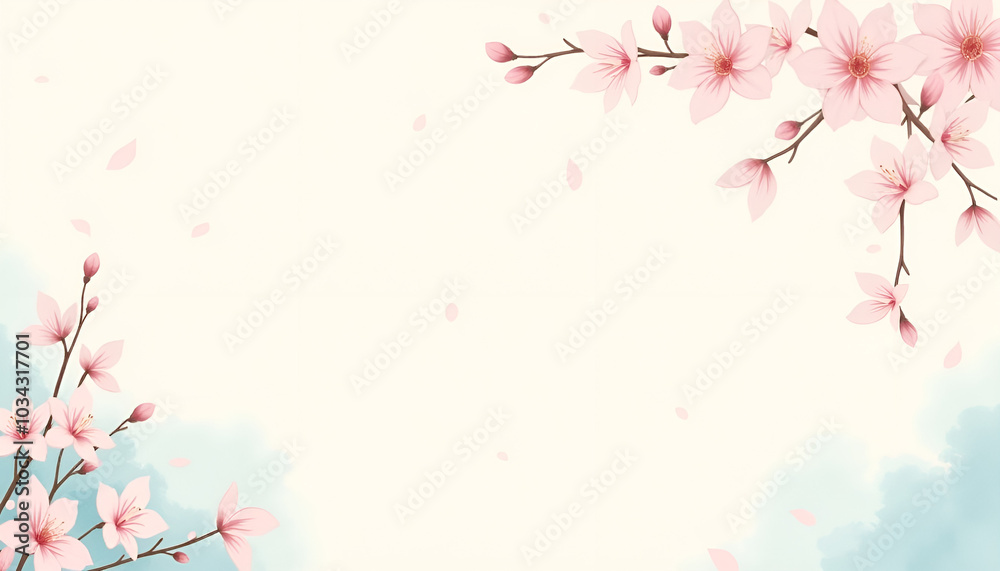 Elegant cherry blossom background with delicate pink flowers and petals on a soft pastel backdrop Elegant cherry blossom background with delicate pink flowers and petals on a soft pastel backdrop