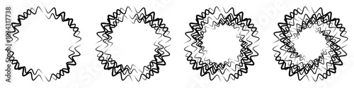 Abstract geometric design in circle shape with spiral lines. Radial rotating shape. Set of four black and white circular wavy jagged line frames.