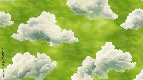 Fluffy Clouds on Green Background