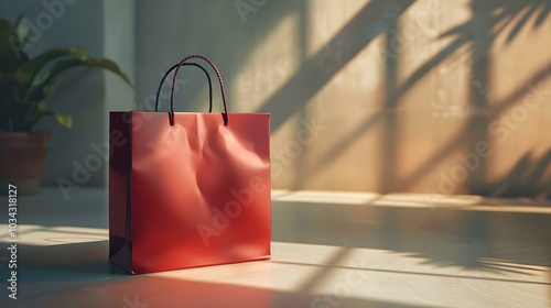 Dark Red Shopping Bag on a light Background with Sunlight and Shadows