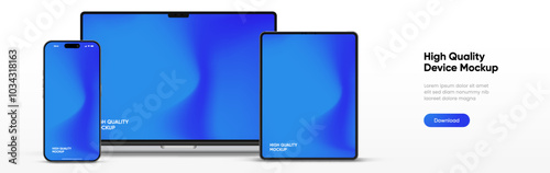 Modern laptop mockup front view and high quality smartphone and tablet mockup isolated on white background. Notebook mockup and phone device mockup for ui ux app and website presentation.Stock Vector.