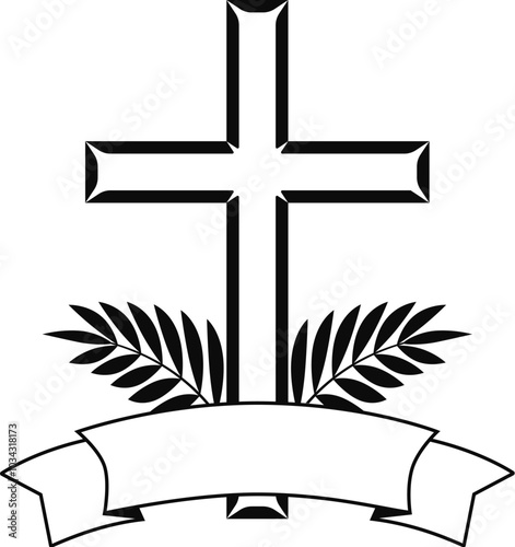 Christian cross with ribbon and leaves religious symbol