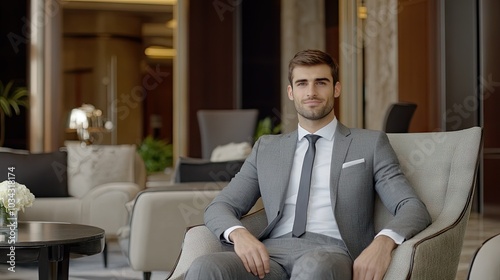 A well-dressed man sits relaxed in an armchair within a stylish office, exuding confidence and professionalism in a serene atmosphere.