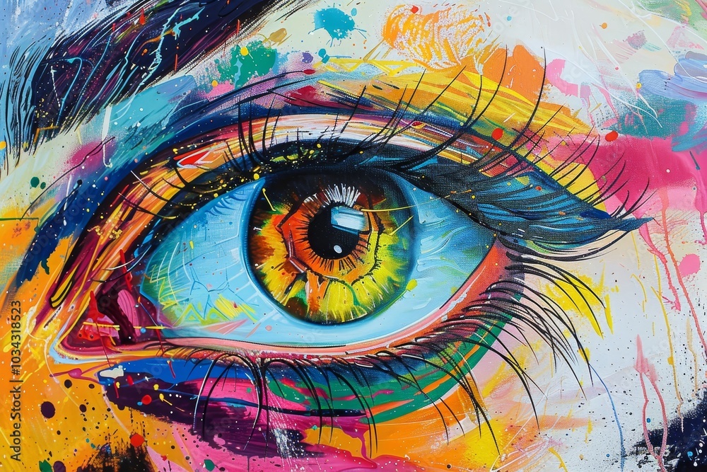 This striking artwork features a detailed eye bursting with colors, set against a lively backdrop of paint splashes in a bright urban environment. This striking artwork features a detailed eye bursting with colors, set against a lively backdrop of paint splashes in a bright urban environment.