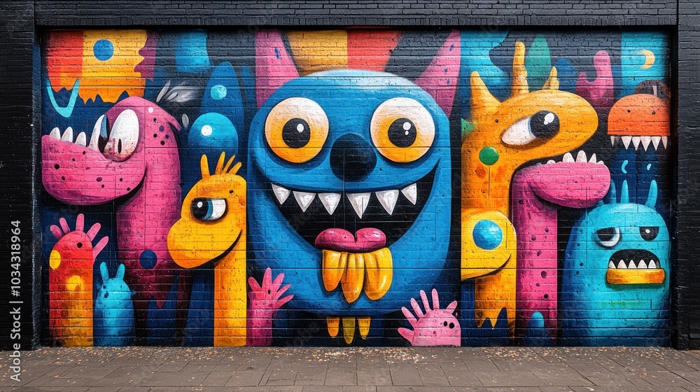 Colorful Graffiti Mural with Playful Cartoon Creatures Colorful Graffiti Mural with Playful Cartoon Creatures