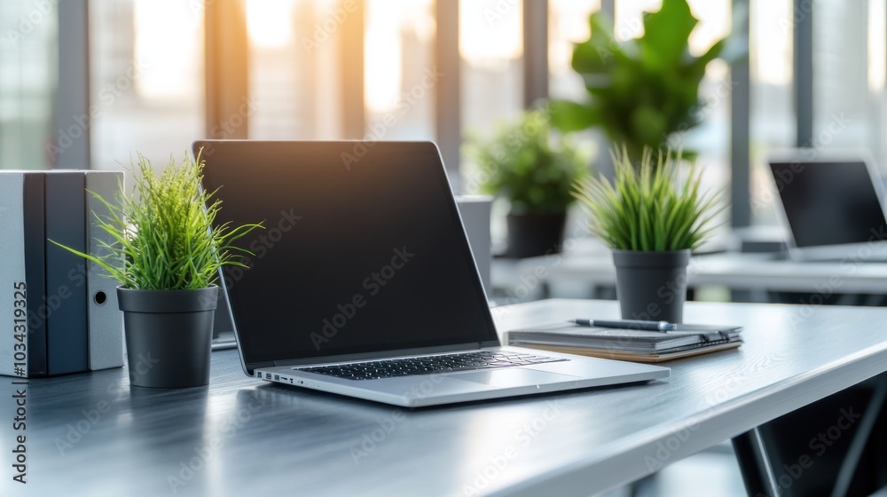 Modern Office Desk with Laptop and Plants Modern Office Desk with Laptop and Plants