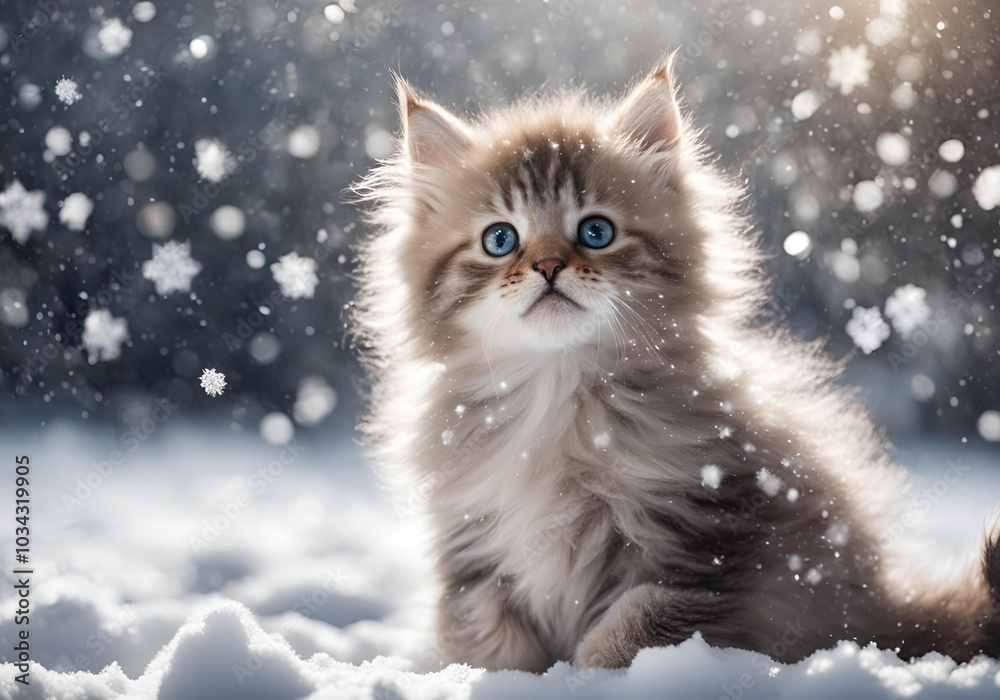 A fluffy kitten sitting upright in the snow gazing upwards with snowflakes delicately falling A fluffy kitten sitting upright in the snow gazing upwards with snowflakes delicately falling