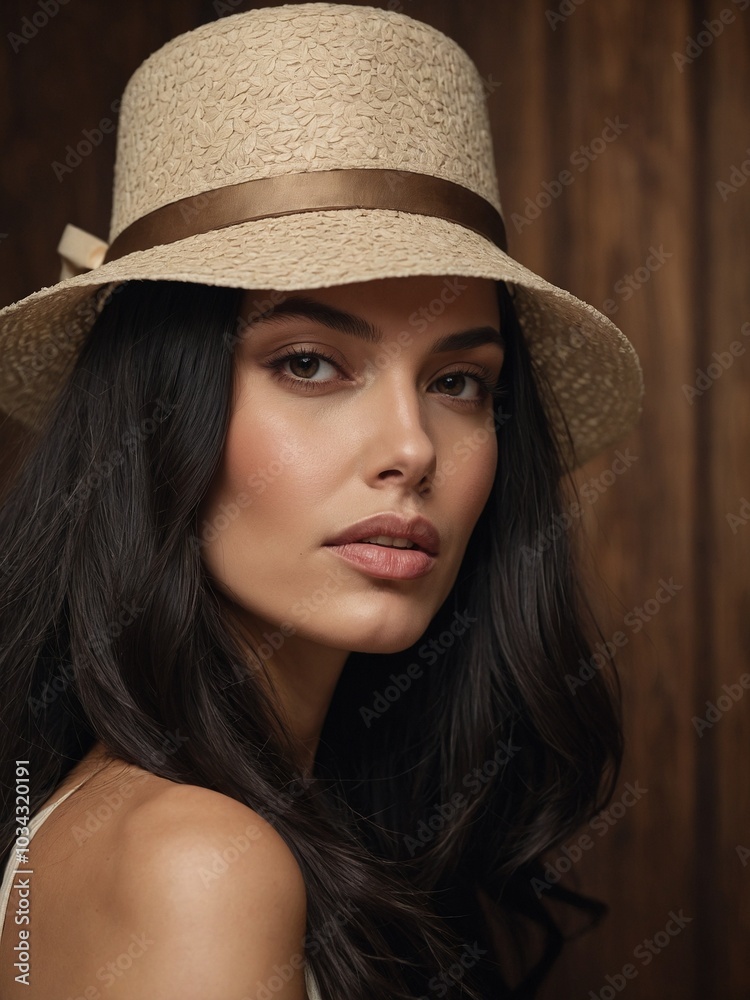 Young Caucasian woman with long dark hair wearing beige sun hat, looking directly at camera with serious expression Young Caucasian woman with long dark hair wearing beige sun hat, looking directly at camera with serious expression