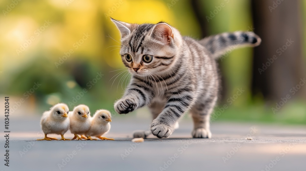 A cute gray striped kitten raises its paw towards three fluffy yellow chicks, creating a whimsical interaction in a grassy garden under bright sunlight