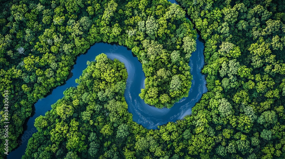 Aerial View of a Meandering River through a Forest. Aerial View of a Meandering River through a Forest.