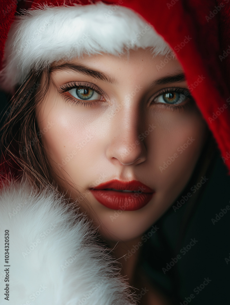 Attraktive Frau mit professionellem Weihnachts-Make-up im Santa-Stil vor festlichem Hintergrund. Glamouröses Porträt für Weihnachten. Beauty Konzept Attraktive Frau mit professionellem Weihnachts-Make-up im Santa-Stil vor festlichem Hintergrund. Glamouröses Porträt für Weihnachten. Beauty Konzept