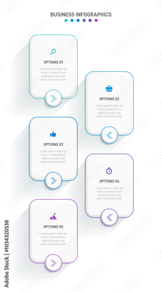 Vertical progress bar featuring 5 arrow-shaped elements, symbolizing the five stages of business strategy and progression. Clean timeline infographic design template. Vector for mobile presentation. Vertical progress bar featuring 5 arrow-shaped elements, symbolizing the five stages of business strategy and progression. Clean timeline infographic design template. Vector for mobile presentation.