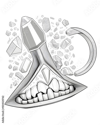Hand drawn vector illustration or drawing of a dental drill in the shape of a tooth