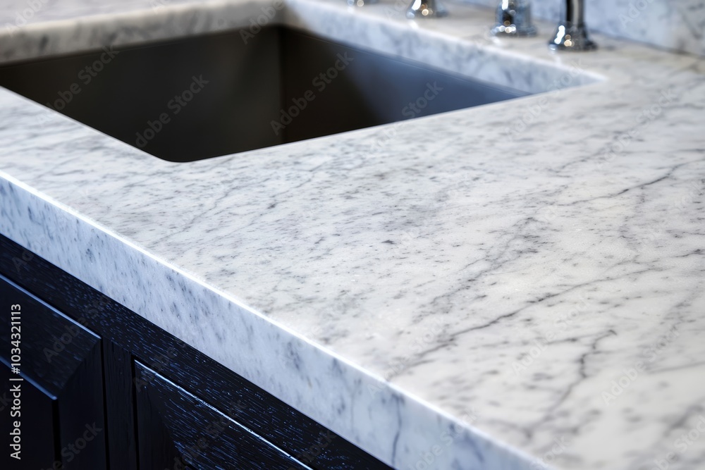 Polished marble countertop in a modern kitchen with a bright, elegant setting, representing luxury home design and sleek culinary environments Polished marble countertop in a modern kitchen with a bright, elegant setting, representing luxury home design and sleek culinary environments