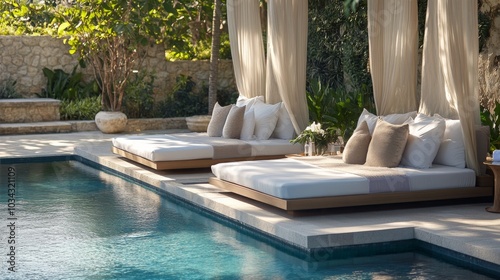 Poolside beds at a resort, perfect for a holiday getaway. -